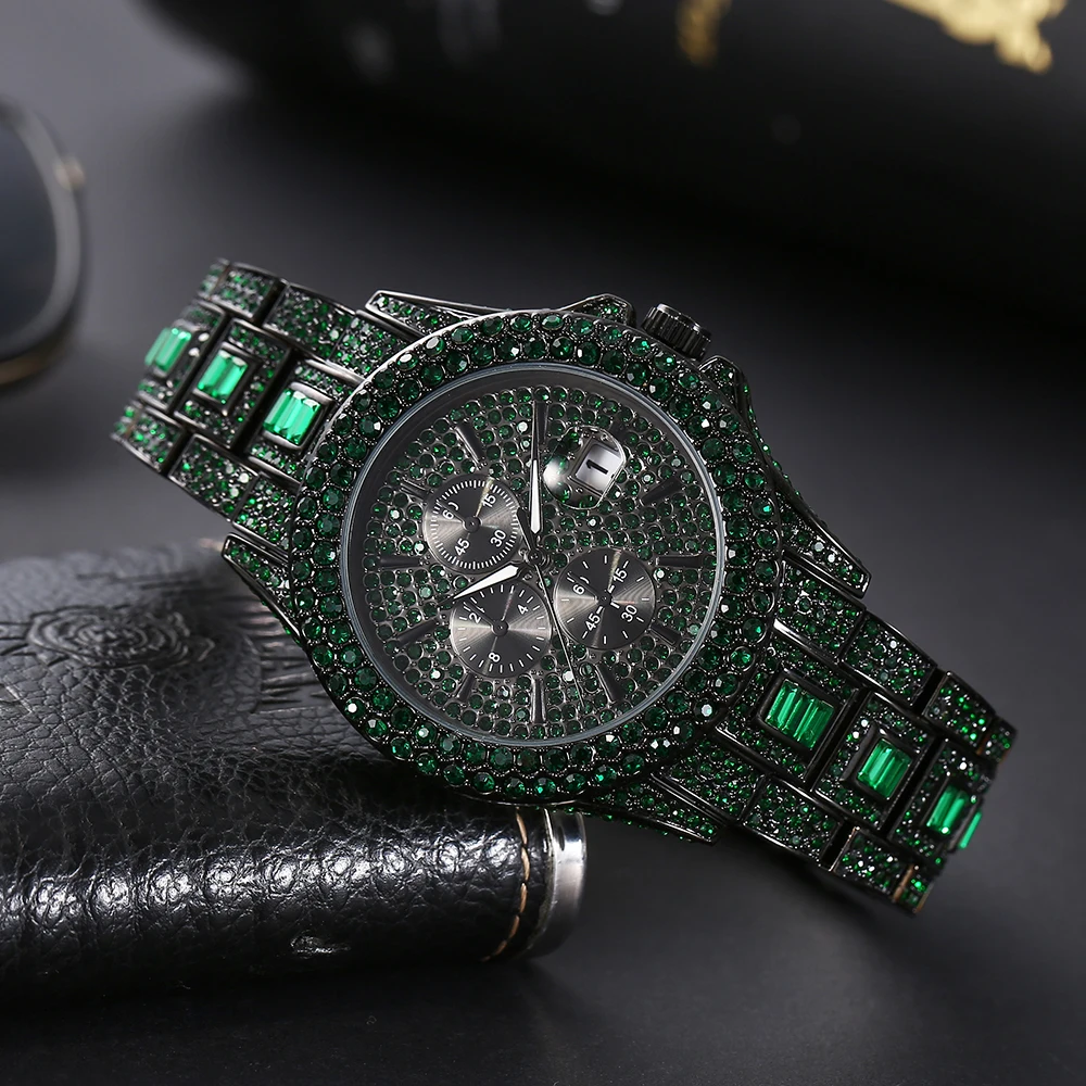 

2023 MISSFOX Hip Hop Watch For Mens Fashion Iced Out Diamond Quartz Clocks Automatic Date Waterproof Green Wrist Watch Man Reloj