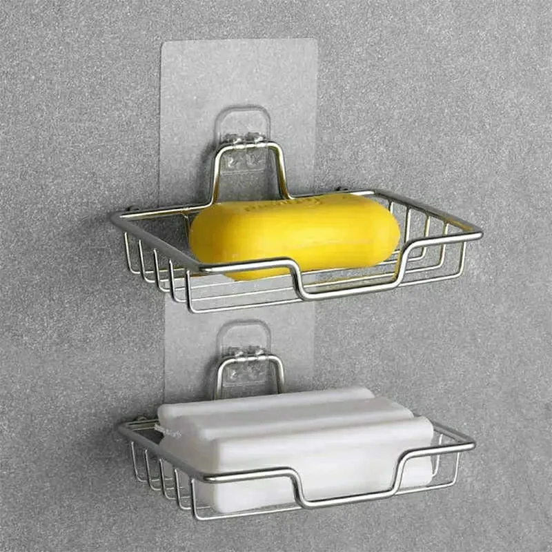 Sa21da11b313749a396cc4c5b5f41beedq Stainless Steel Bathroom Soap Holder Wall Mounted No Drilling Kitchen Sponge Tray Holder Organizer Sticky Shower Soap Dish Rack Mallzona