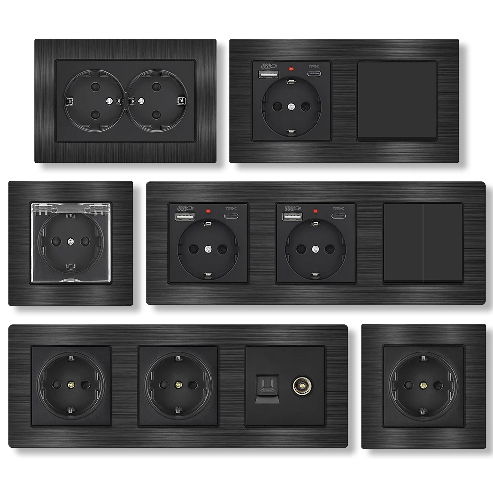 SRAN EU RU เต้ารับไฟฟ้าพร้อม USB Type-c และสวิตช์, เต้ารับติดผนังแผงอลูมิเนียมอัลลอยด์พร้อมฝาครอบกันฝุ่น 1