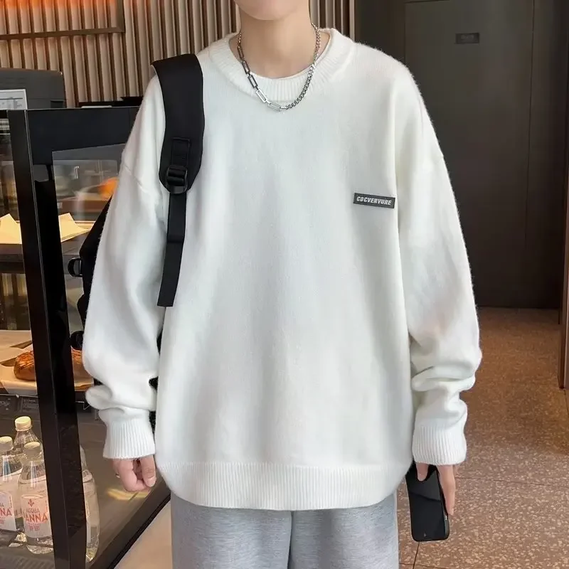 남성용 라운드넥 스웨터, 단색 니트 탑, 캐주얼 스타일, 루즈핏, 홍콩 트렌디 패션, 학생 라벨, 가을, 겨울, 신상