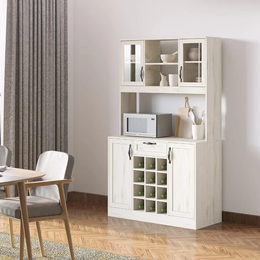 

Флюз, буфет, Кладовая с выдвижным ящиком, 4 дверных шкафа и дополнительная Винная стойка на 12 бутылок, белые шкафы