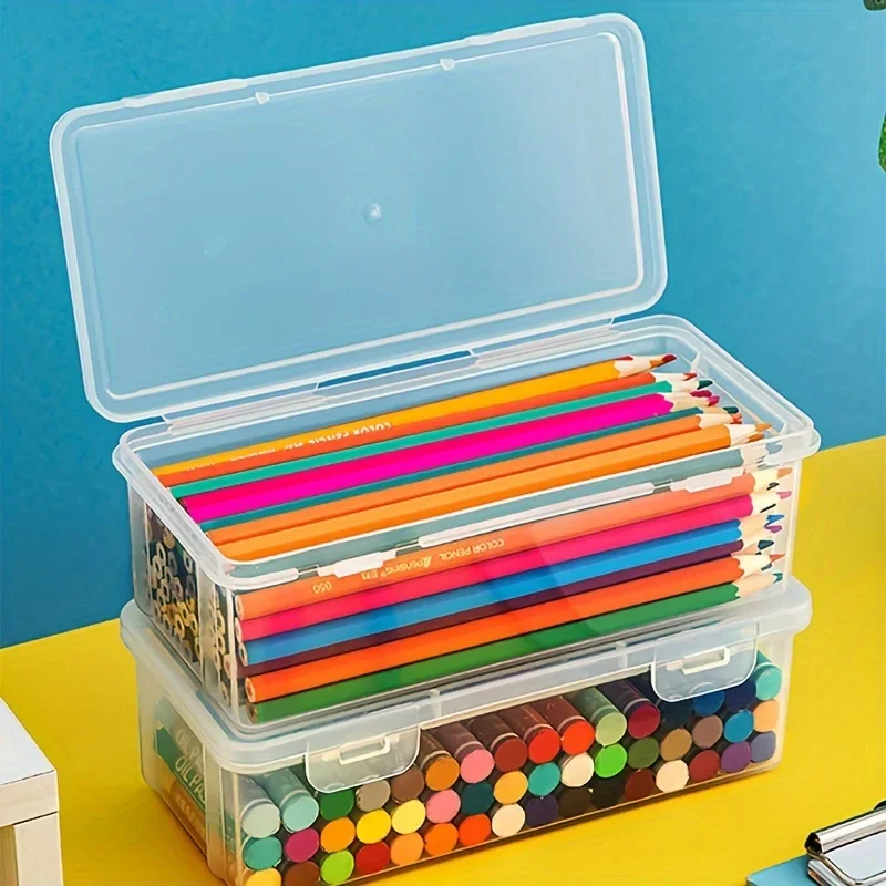 2Pcs Transparent Dustproof Waterproof PP Plastic Pencil Organizer Portable Stationery Storage Box for Students & Office Workers 4