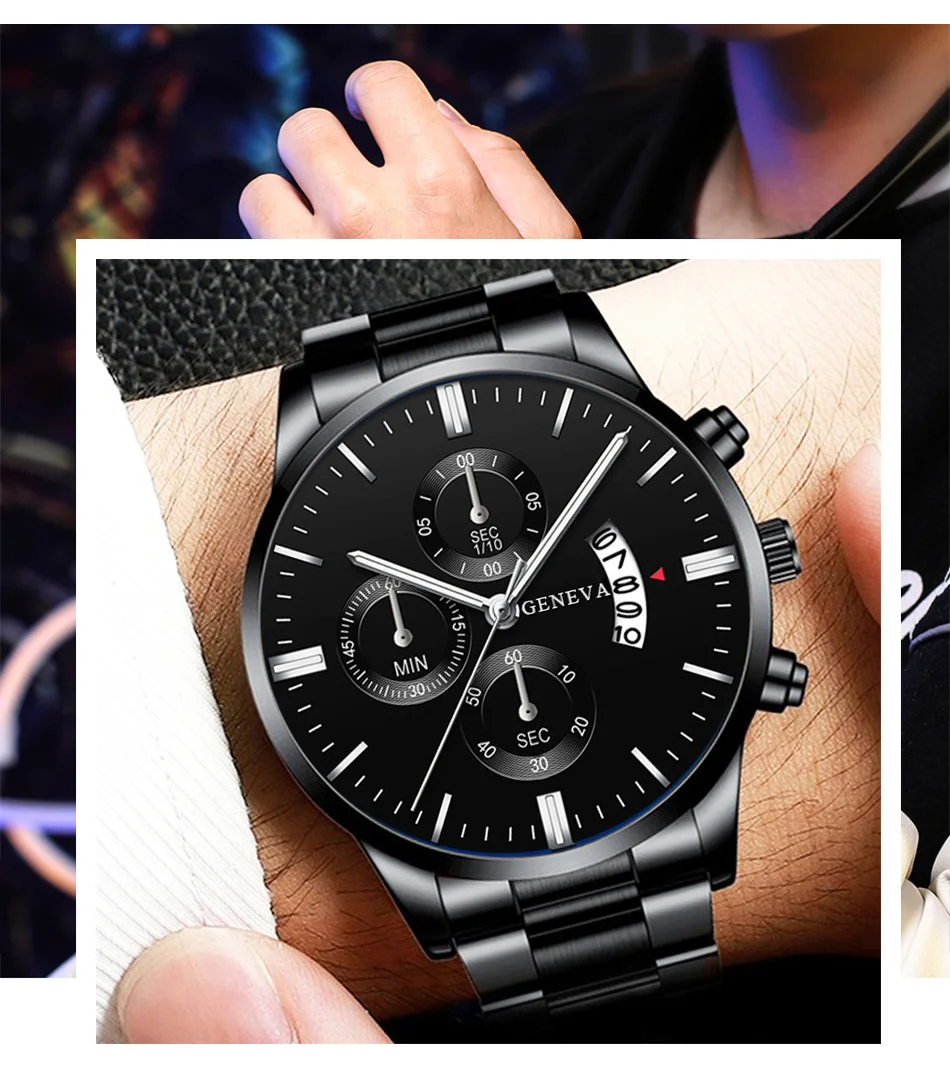 3PCS Set Mens Fashion Wing Bracelet Hexagonal Column Pendant Necklace Watches Men Business Stainless Steel Calendar Quartz Watch