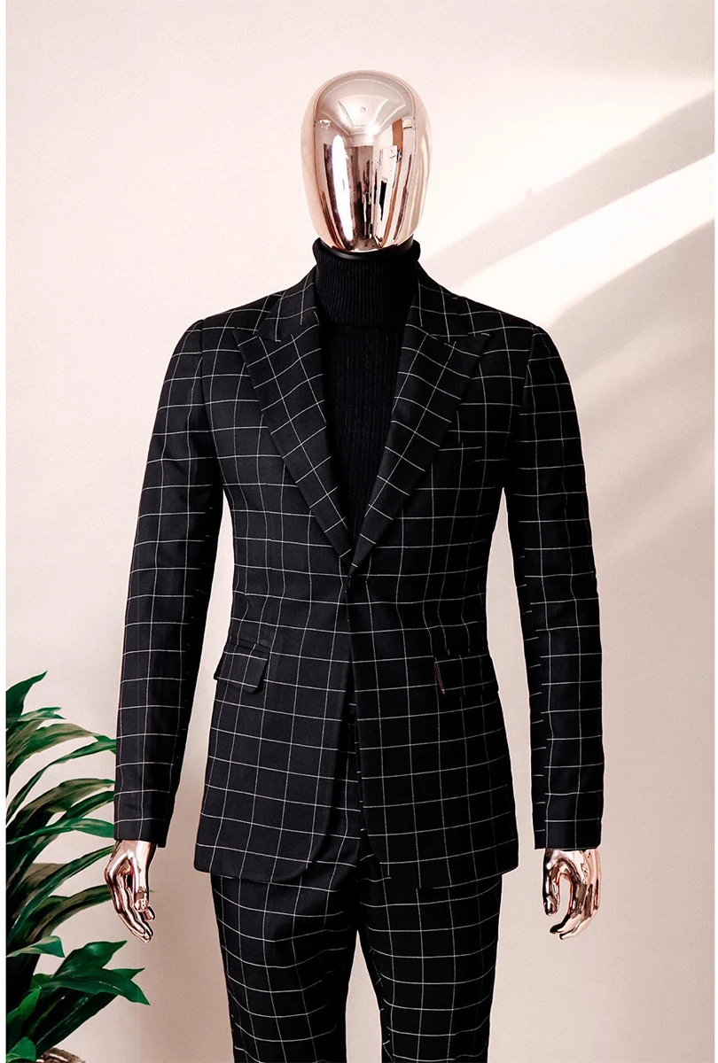 New Men's Suits Tailored 2 Pieces Blazer Pants One Button Wedding Peaked Lapel Plaid Cubes Stripes Formal Custom Made Plus Size
