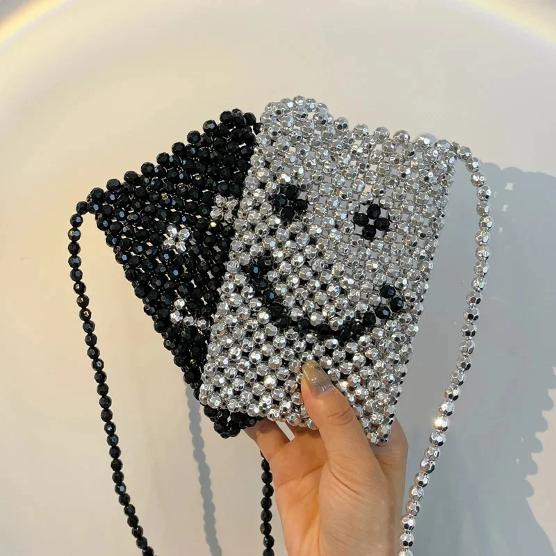 

Messenger Bag Women Luxury Designer Handbags And Wallets 2023 New ABS Beading Smiley Face Pattern Fashion Casual Mini Phone Bag