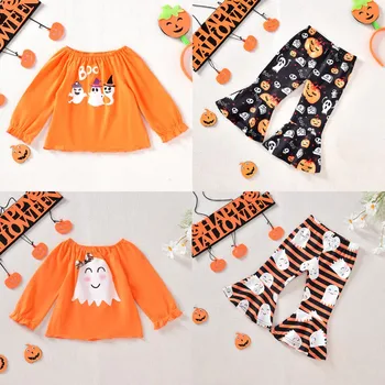 6M-3Y Fashion Baby Girls' Halloween Suit Kids Set Two Pieces Cartoon Print Girl Top And Bottom Set Children Halloween Outfit Set 3