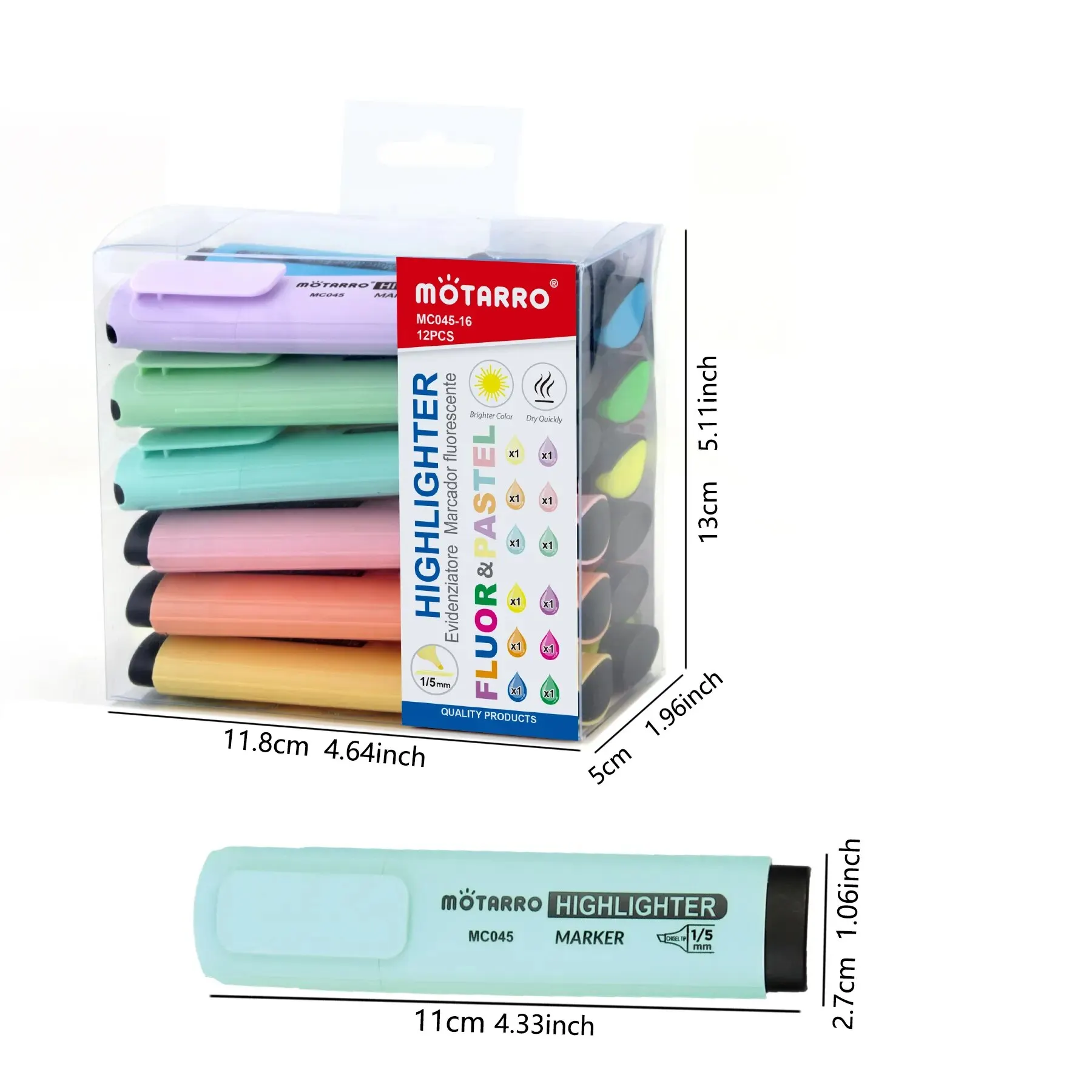 MOTARRO 12Pcs Pvc 박스 마커 형광 색상 작은 형광펜 펜 치즐 팁 낙서 그리기를위한 귀여운 카와이 디자인
