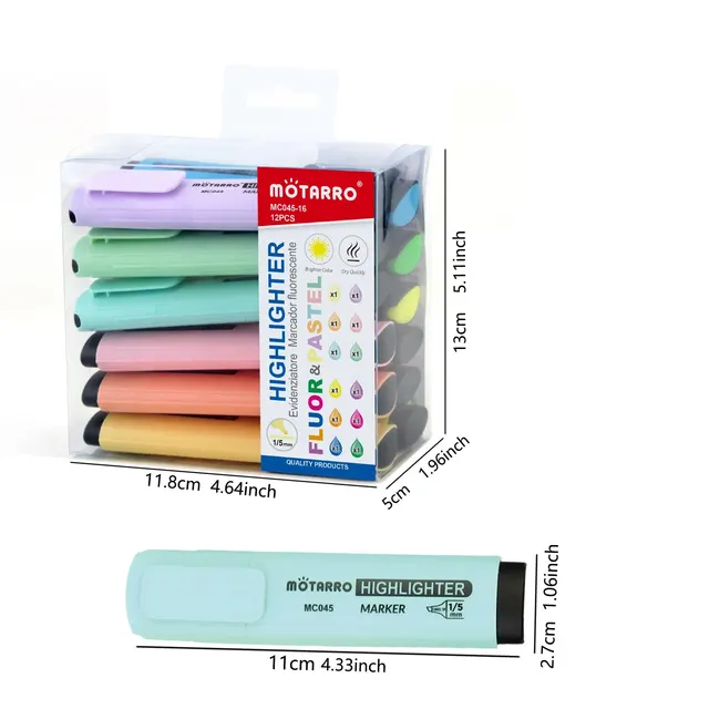 MOTARRO 12 pezzi pennarelli in scatola di PVC colori fluorescenti piccolo evidenziatore punta a scalpello design carino Kawaii per scrivere disegni graffiti 6