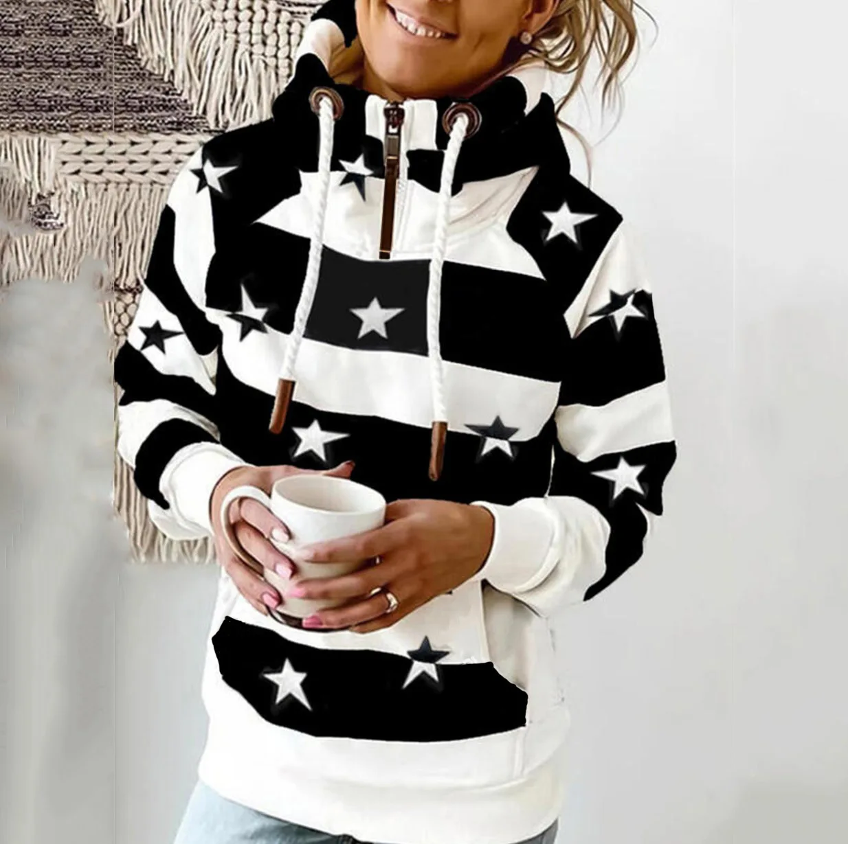 

Leisure printed zipper pullover hooded women's sweater