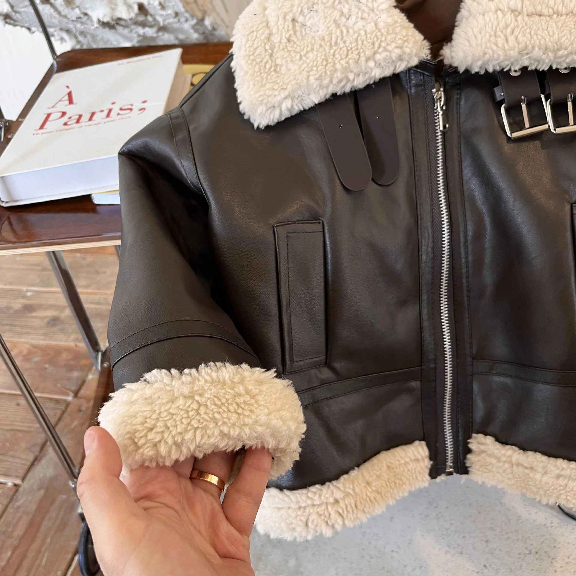 Boys Girls Winter Leather Jacket Zipper Warm Turn-down Collar