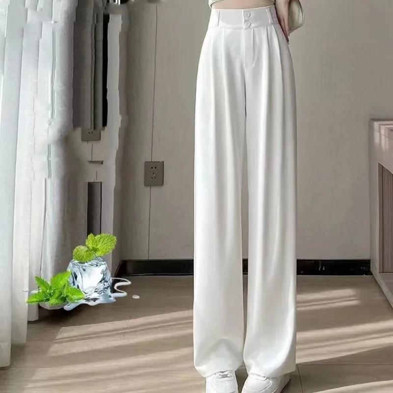 Women's Summer Thin Solid Color Fashionable Patchwork High-waisted Loose Button Pockets Ruched Formal Straight Casual Suit Pants
