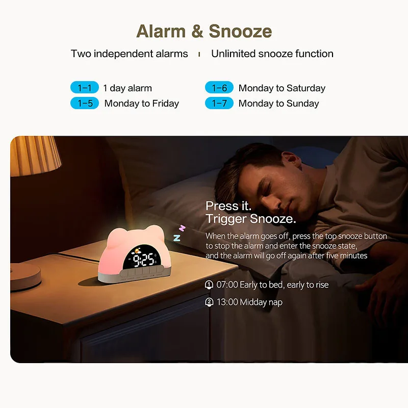 Sunrise Simulation LED Desk Lamp Wake-up Light Alarm Clock Bear Shaped Night Light Mood Lighting for Bedroom Desktop Decor