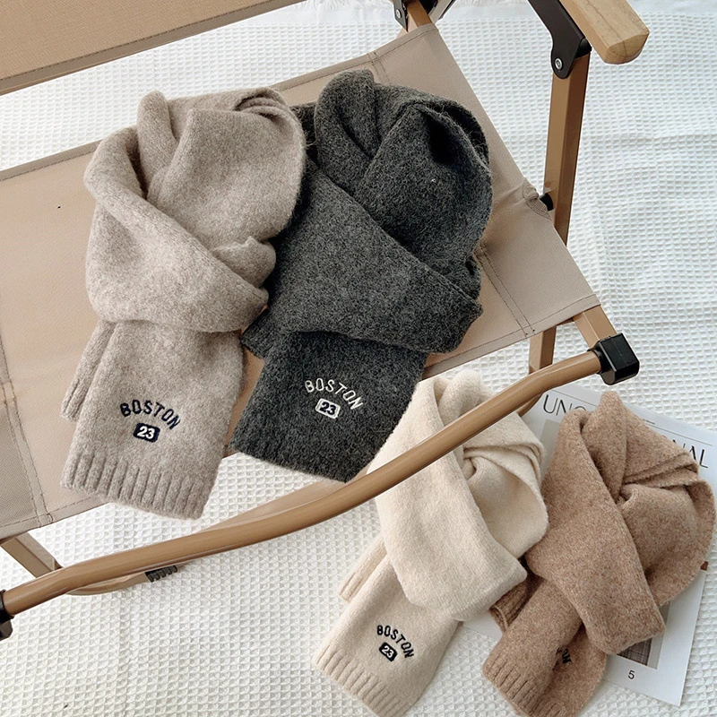 128x19cm Children Woolen Scarf Solid Color Knitted Scarves Embroidered Letter Kids Neck Cover Winter Warm Baby Long Neckerchief