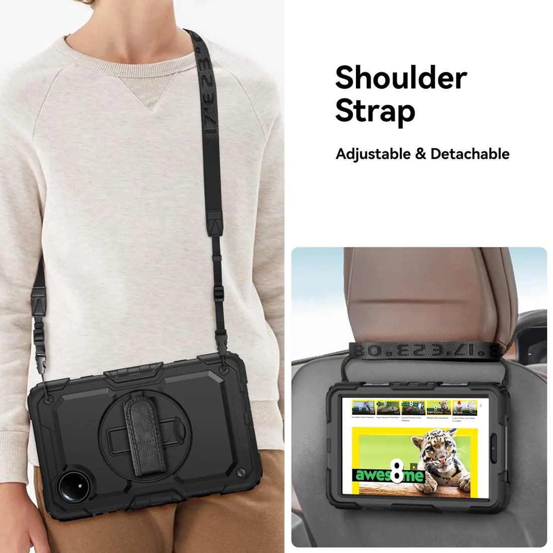 Heavy Duty Shockproof Case with 360° Rotating Stand and Hand/Shoulder Strap, Built-in Screen Protector