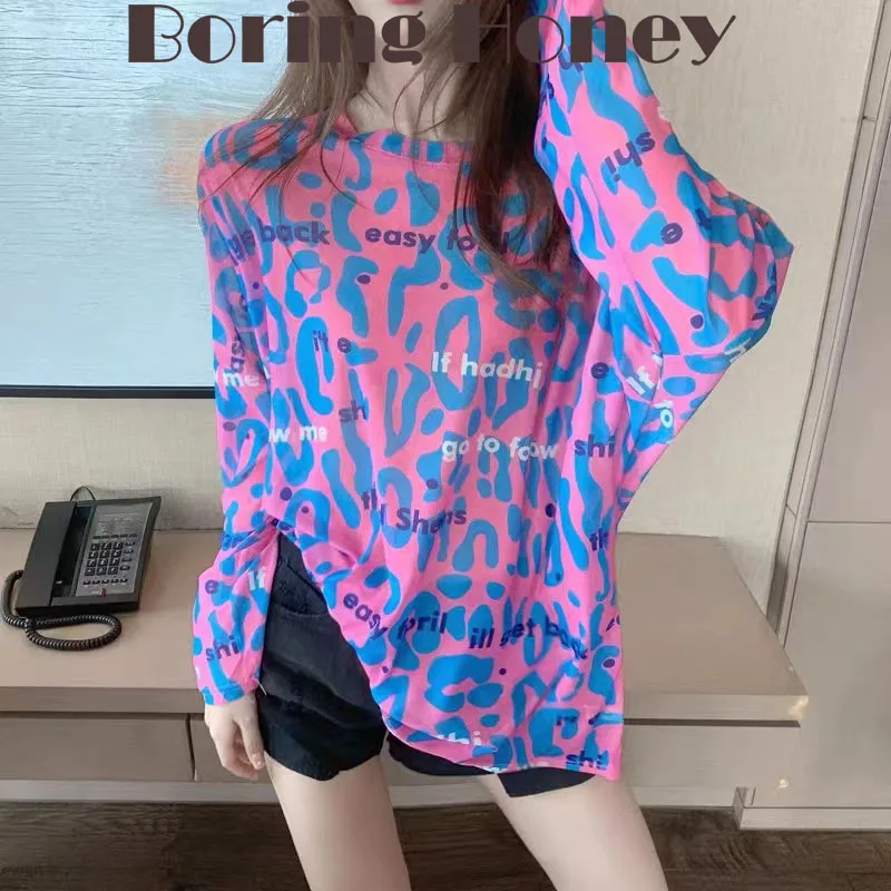 

Boring Honey Summer Clothes Sunscreen For Women Tops Letter Leopard Print Long Sleeves Loose And Comfortable Ice Silk Tops Women
