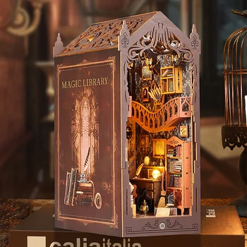 DIY Book Nook Insert Kits Wooden Doll House Building Kit Magic House Casa Bookend With LED Lights Bookshelf Home Decoration Gift 1