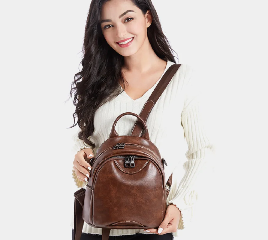 Women Vintage High Quality Real Soft Leather Small Backpack Casual Travel Shoulder Bags Totes Ladies Crossbody Backpacks 5