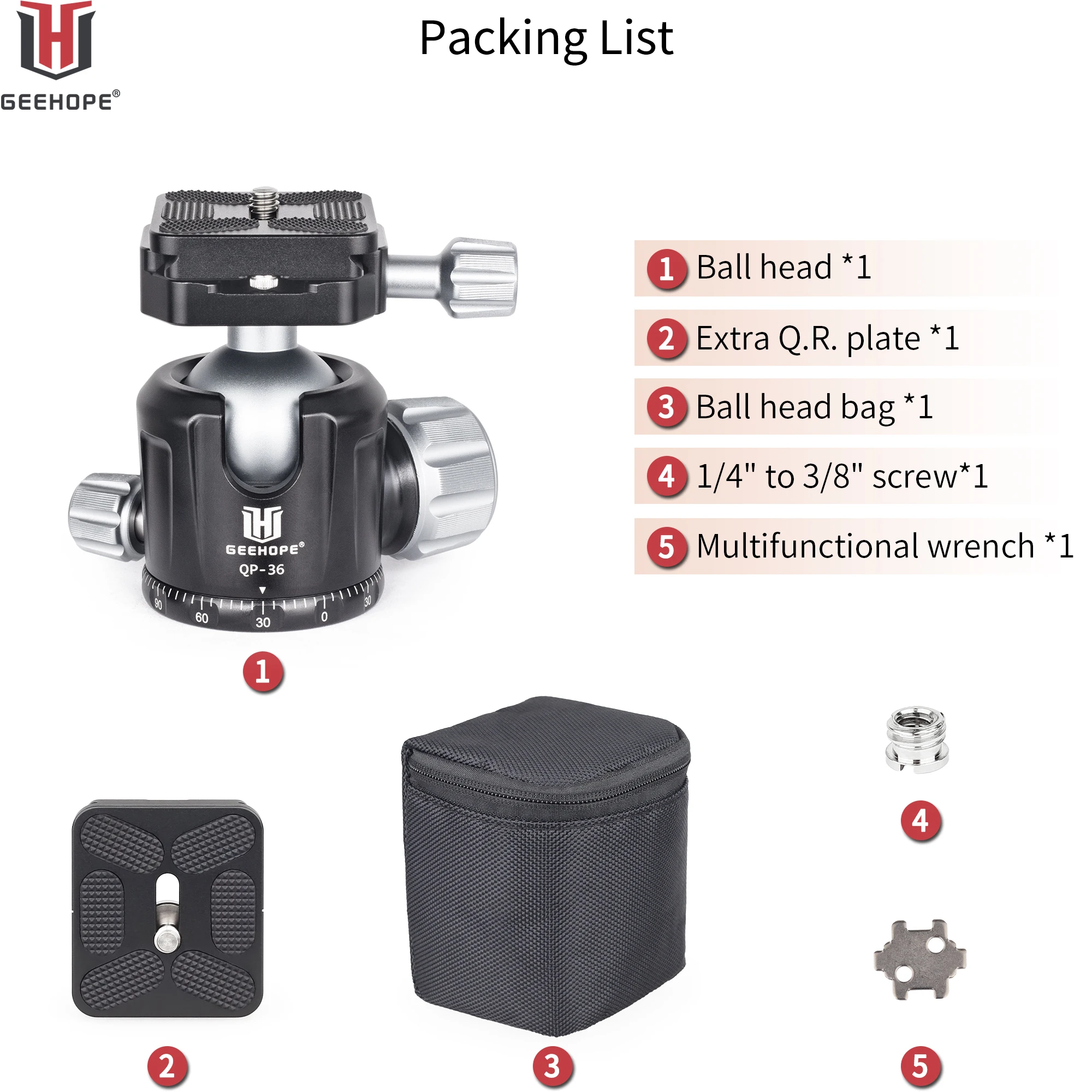 QP-36/44/52 Tripod Ballhead Low Gravity Center 360&deg; Panoramic Metal BallHead Quick Release Plate Digital DSLR Camera