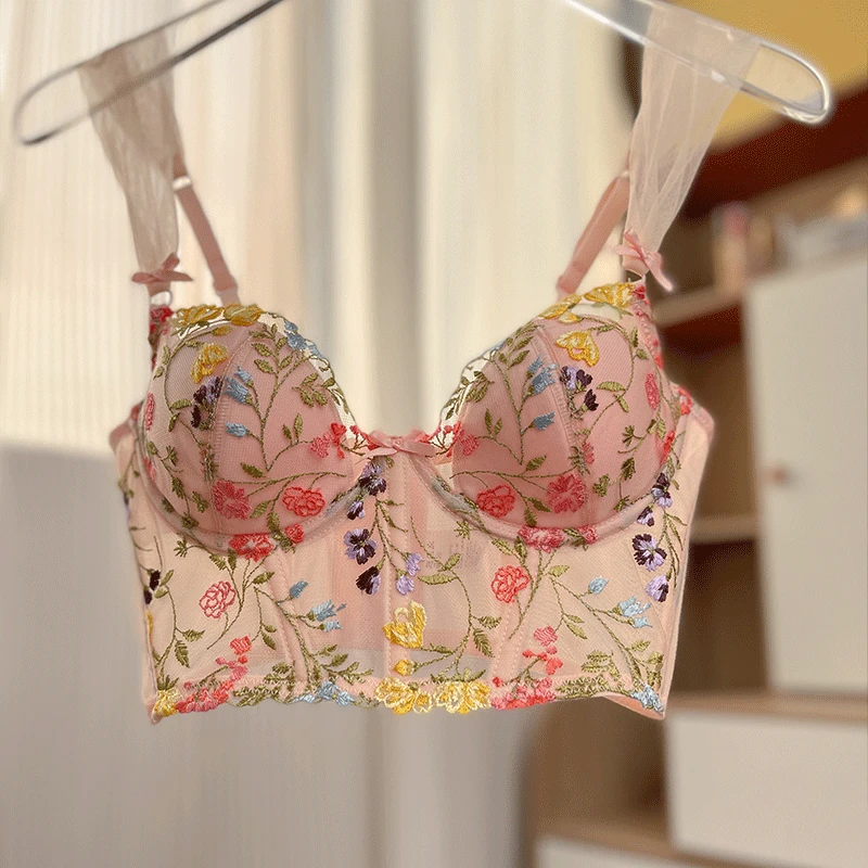 

French Spring Floral Embroidery Lingerie Top Romantic Thin Cup with Pad Bralette Women Sexy Push Up Underwear Cute Lace Bra
