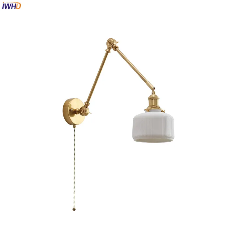 Iwhd Pull Chain Switch Applique A Led Applique Su E Giù Altalena In Rame Braccio Lungo Paralume In Ceramica Lampada Da Parete Moderna Nordica Lampara