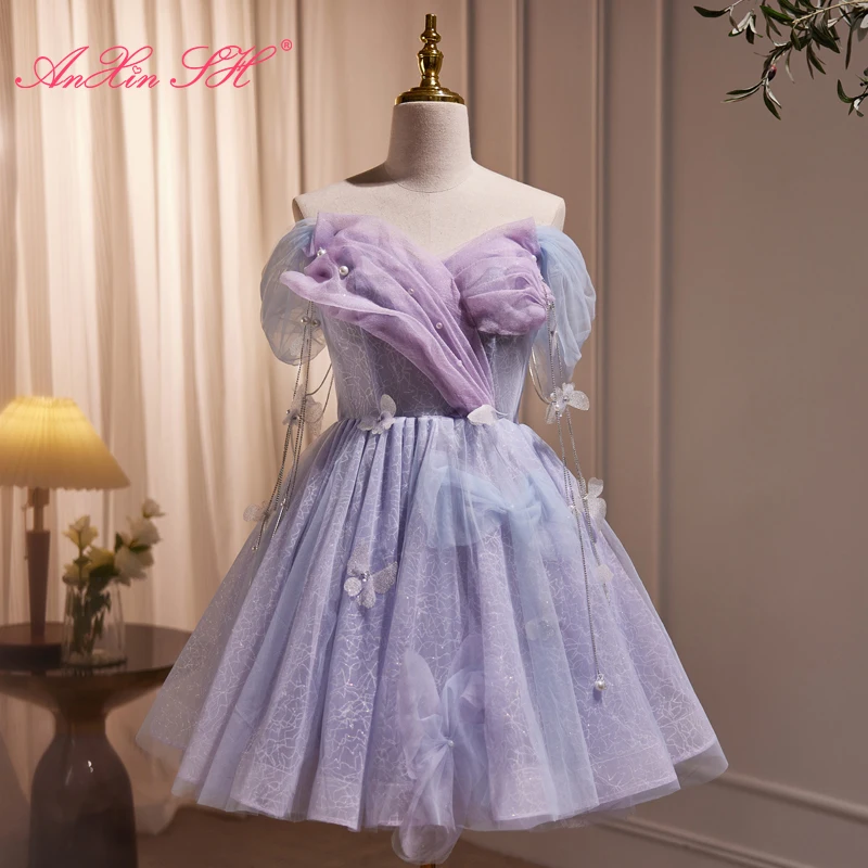 

Женское короткое вечернее платье AnXin SH, фиолетовое кружевное платье с вырезом лодочкой, бусинами, жемчужинами, бантом-бабочкой и оборками, маленькое белое платье