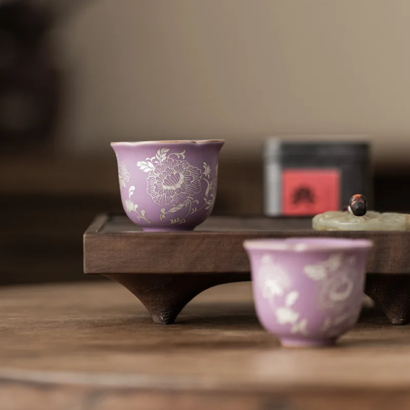 2pc/lot Purple Ru Kiln Gilded Silver Peony Entangled Lotus Teacup Tea Bowl Mug Tea-tasting Meditation Cup Jianzhan Master Cups