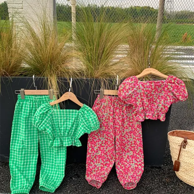 Summer Baby Girls Cotton Plaid Puff Sleeves Floral Pleat Crop