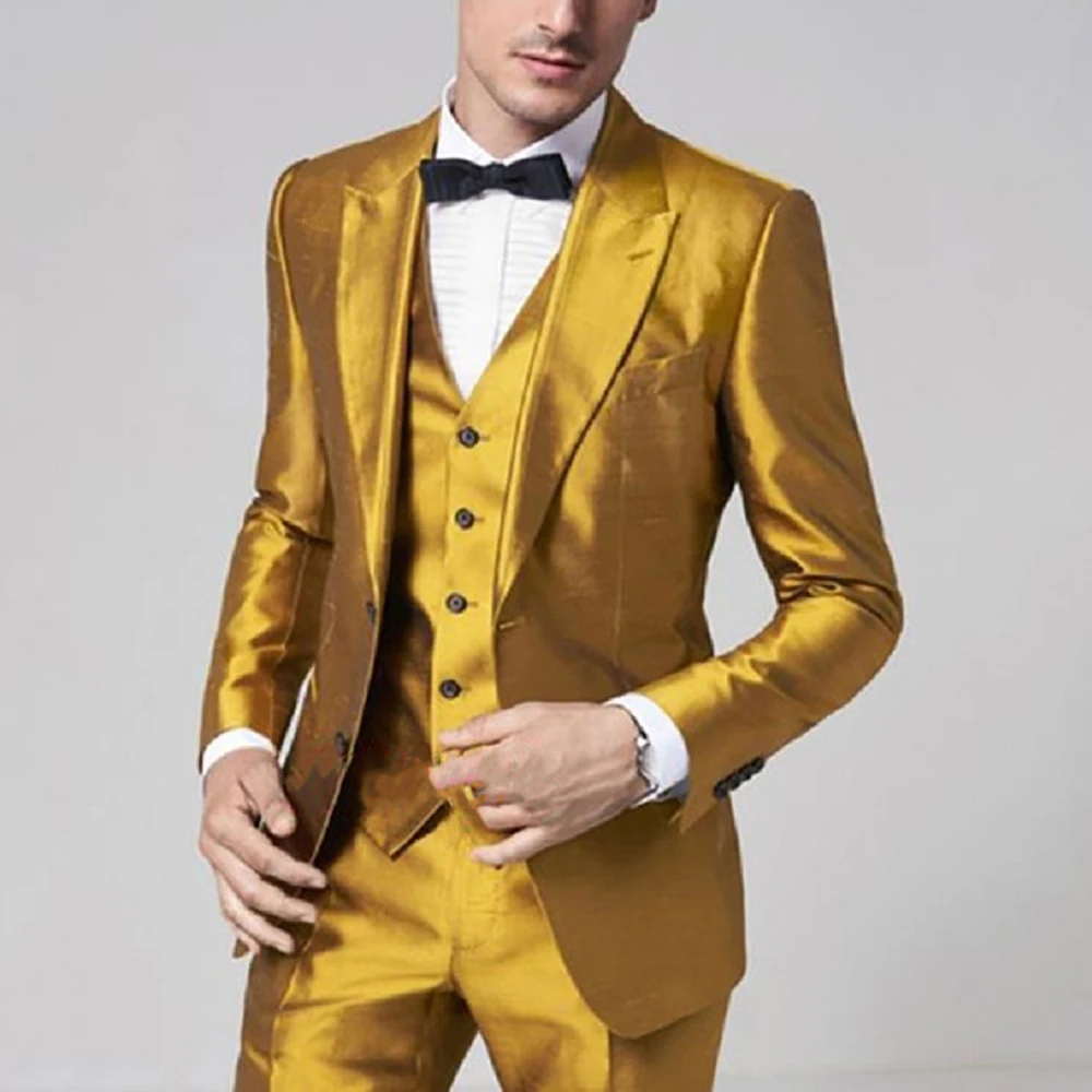 

Golden Satin Men Suits Fashion Peak Lapel Single Breasted Male Blazer Party Prom Casual Wedding Tuxedo 3 Piece Set Suit Slim Fit