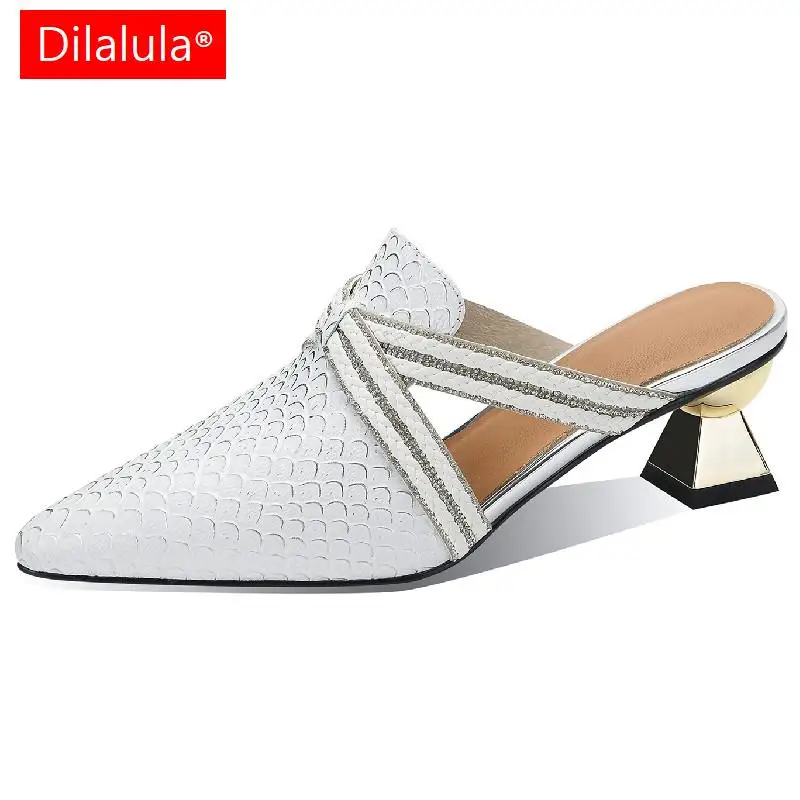 

Dilalula Women Sandals New Arrival Pointed Toe Strange Heels Mules Genuine Leather Hollow Pumps Shoes Woman Spring Summer
