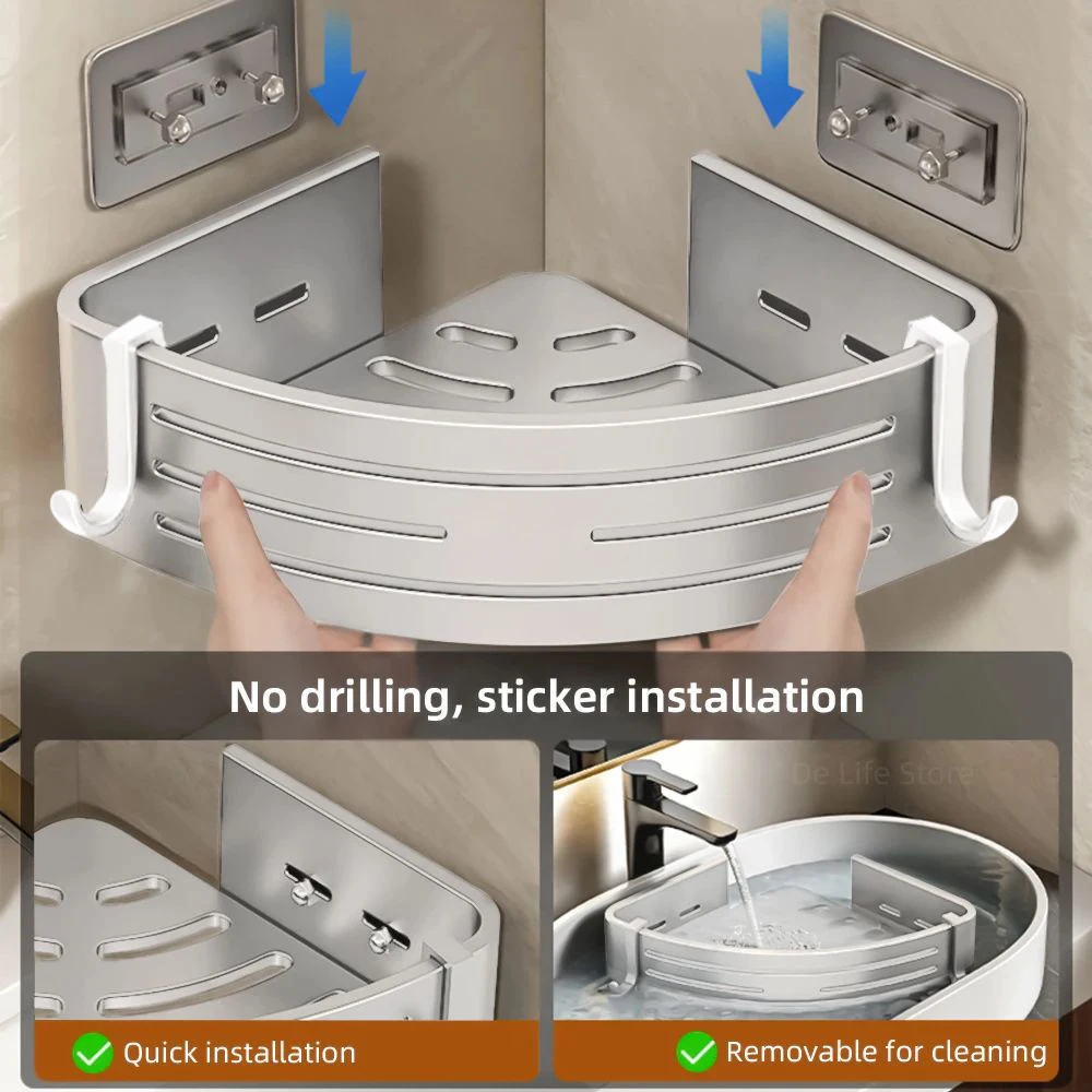 1-2PCS Shower Corner Shelf with Towel Bar Hook Space Aluminum Bathroom Shelf Without Drilling Shampoo Holder Bathroom Accessorie 6