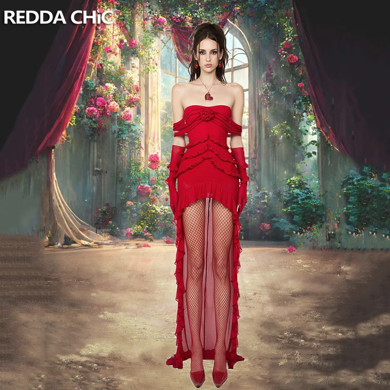 REDDACHIC 여성용 레드 로즈 트레일 이브닝 원피스, 쉬폰 하이 로우 레이어드, 프릴 롱 칵테일 파티 가운, 빈티지 의류 