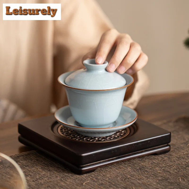 160ml Handamde Ru Kiln Ceramic Gaiwan Can Nourish Gold Wire Vintage Tea Tureen Household Tea Making Cover Bowl Tea Items Craft
