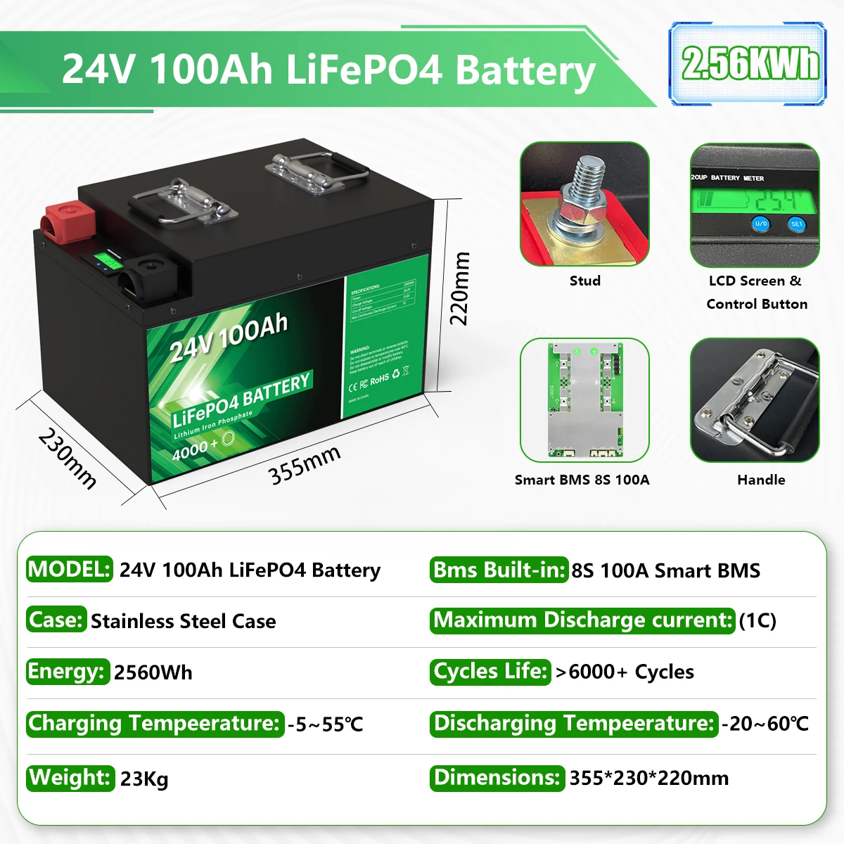 LiFePO4 Battery 24V 300Ah 200Ah 100Ah 25.6V 7680Wh Grade A 6000+