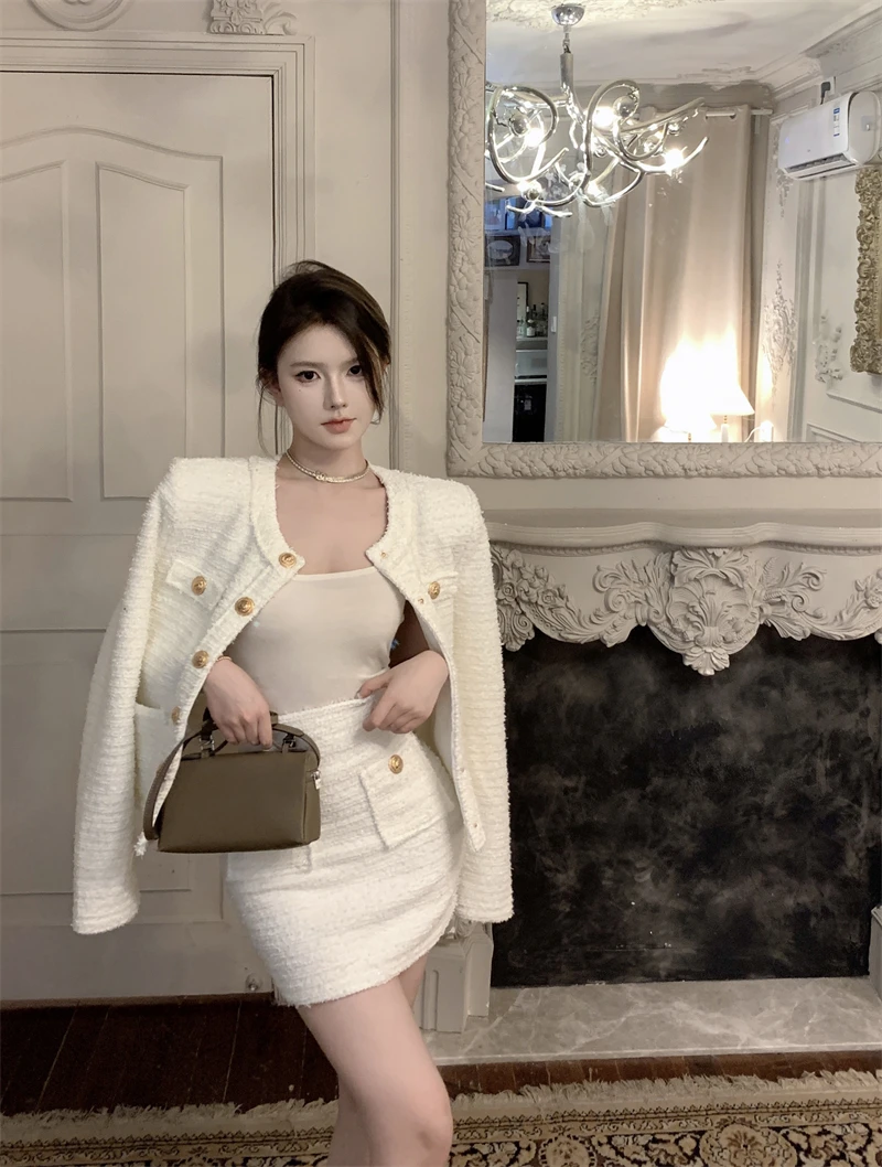 

Real Photo Real Price High-quality Petite Chic Style Slimming Coat Half-skirt Rice White Suit for Women Female Office Lady New