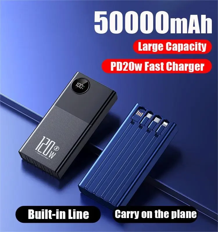 미니소 초고속 보조배터리, 대용량 50000mAh, 다양한 휴대폰에 적합한 4 개의 전선 포함, 120W
