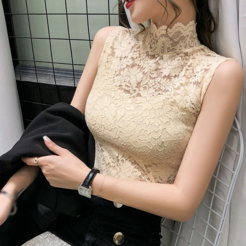 Women T-Shirts Sexy Turtleneck Lace Fitted for Tank Top Slim Fit Tunic Bottoming - 6
