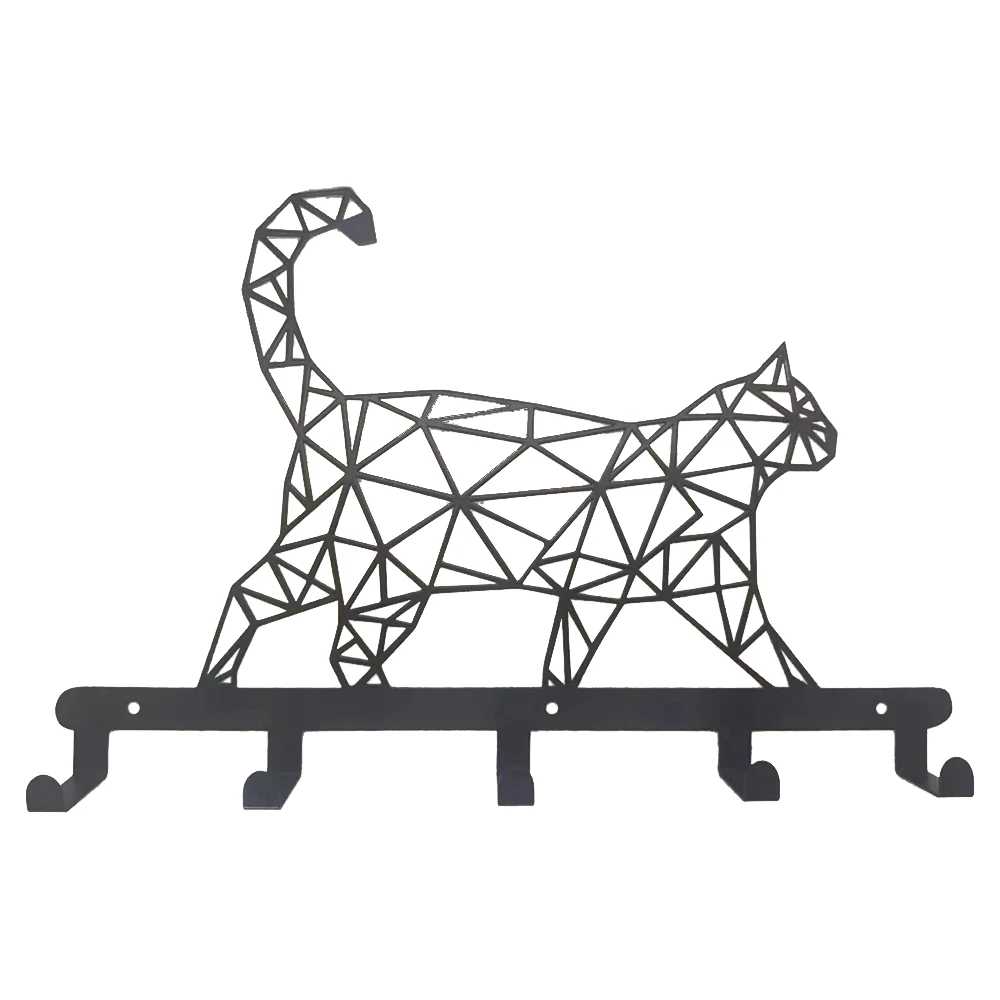 Porte-clés mural 3D en métal noir avec 5 crochets, support décoratif, motif de chat, art mural