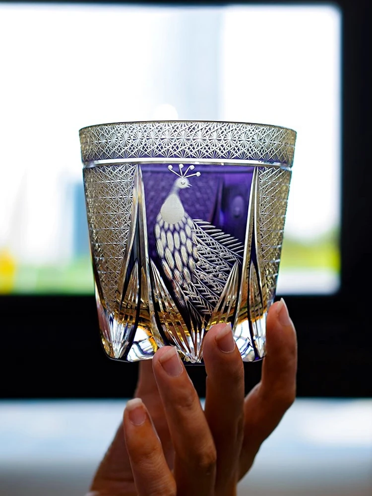 Peacock Whisky Glass Luxury Edo Kiriko Glassware Crystal Wine Cup Purple Whisky Rock Tumbler Relish Cognac Brandy Snifter Mug