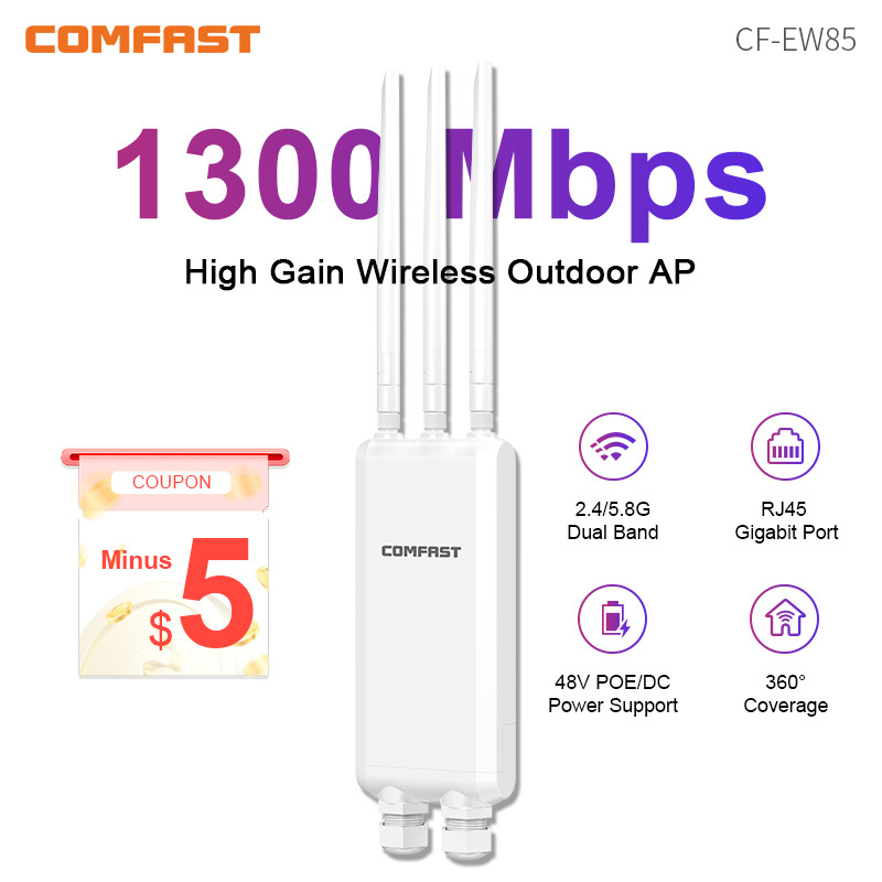 Comfast 1300Mbps Outdoor Access Point 2.4G&5.8GHz Gigabit AP Long Range Repeater High Power 3*5dBi WiFi Antenna Street Router