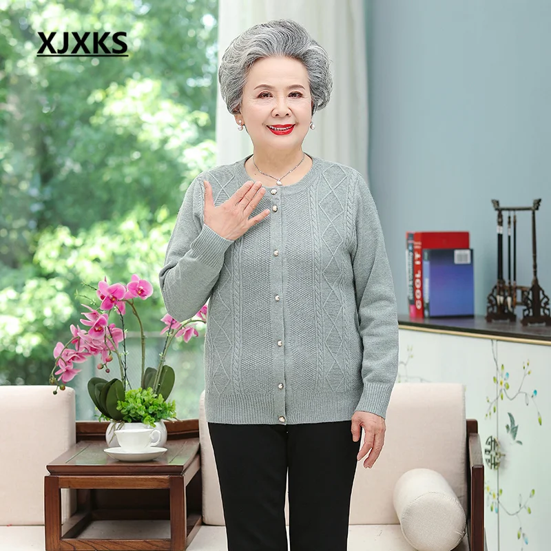 

XJXKS 2022 Autumn Winter Latest Large Size Round Neck Single-breasted Cardigan Women Wool Knit Sweater Middle-aged Elderly Coat