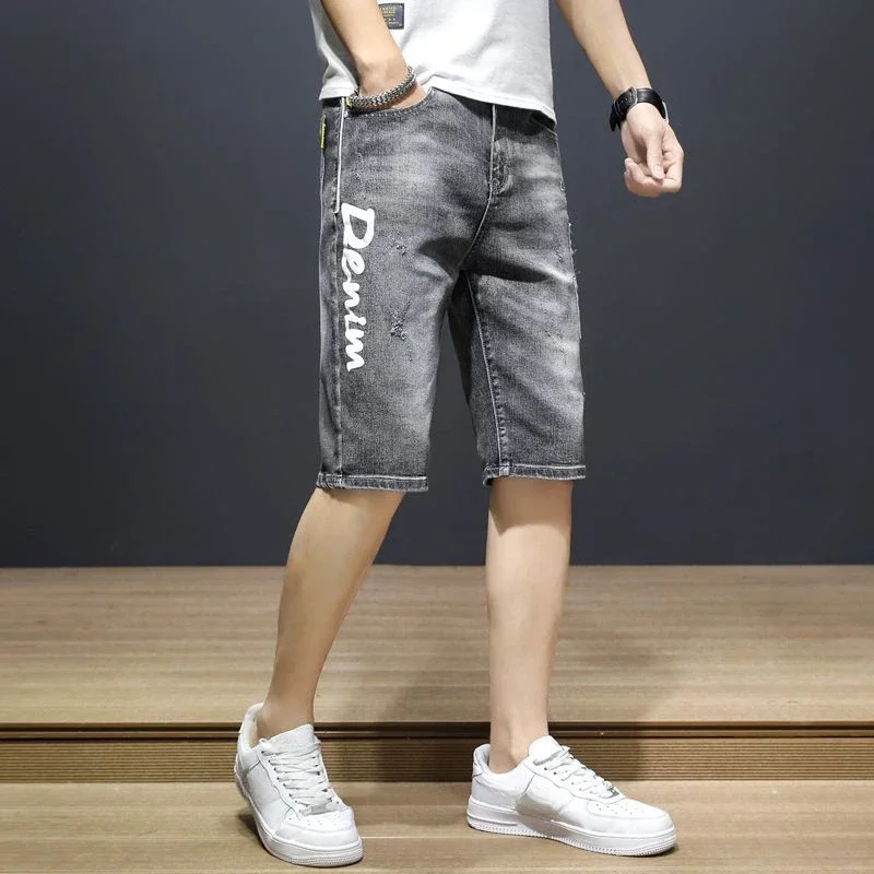 thumbnail image 1 of Pantalones cortos de mezclilla para hombre, bermudas rotas, parches largos, pantalones vaqueros cortos para hombre, tendencia popular 2024, pantalones cortos elásticos con cremallera, finos, 1 of 5