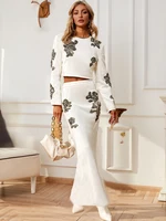 High Quality Women’s Beaded Studded Diamonds Short Top Long Midi Skirt Two Piece Set Glamorous Elegant Outfit for Parties Set 1