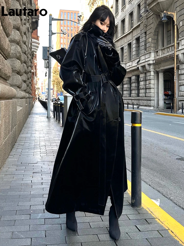 Lautaro Spring Autumn Extra Long Oversized Cool Reflective Shiny Black Paten Leather Trench Coat for Women Belt Runway Fashion