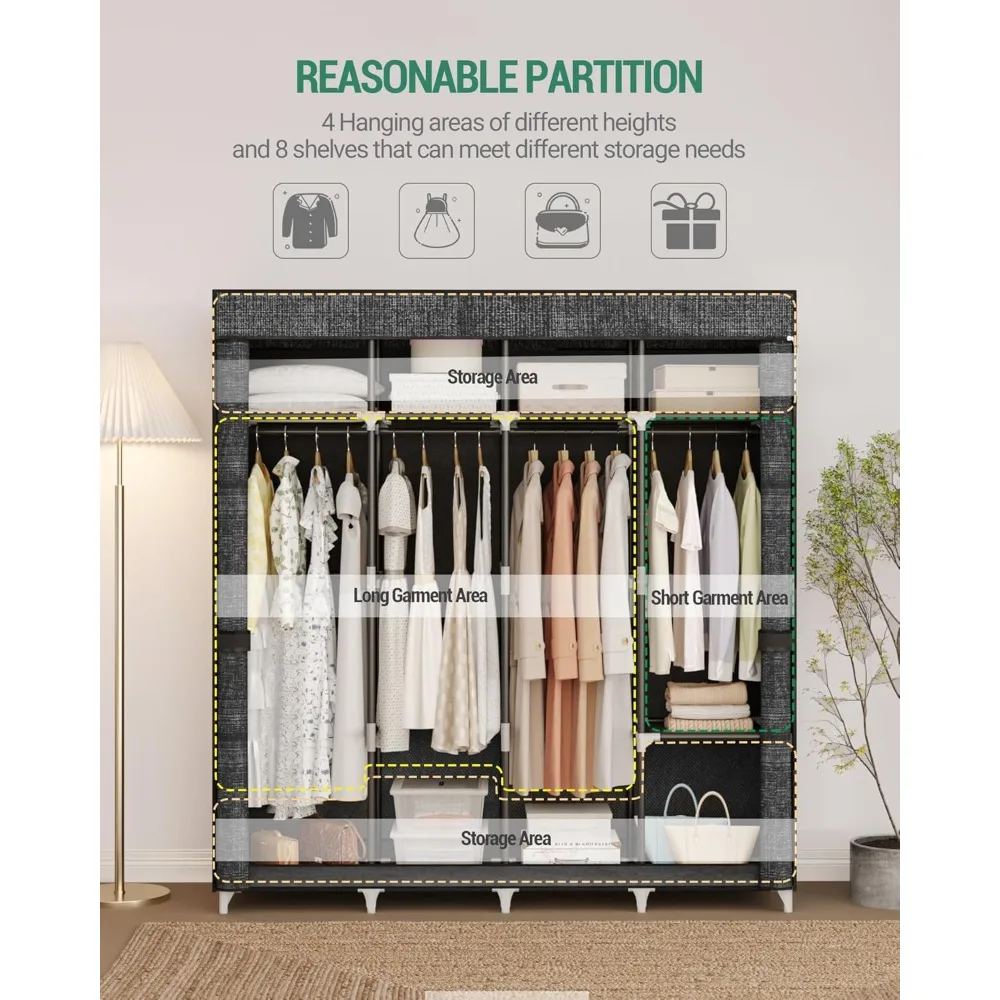 67 Inch Closet Wardrobe, Clothes Storage Organizer for Hanging Clothes with Cover, 4 Hanging rods, 9 Storage Shelves 2