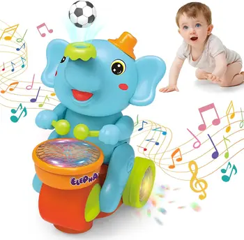 Baby Crawling Toy: Electronic Walking Elephant Drummer with Floating Ball, LED Lights, Music & Sounds | Interactive Sensory Toy (Color: Blue) 1