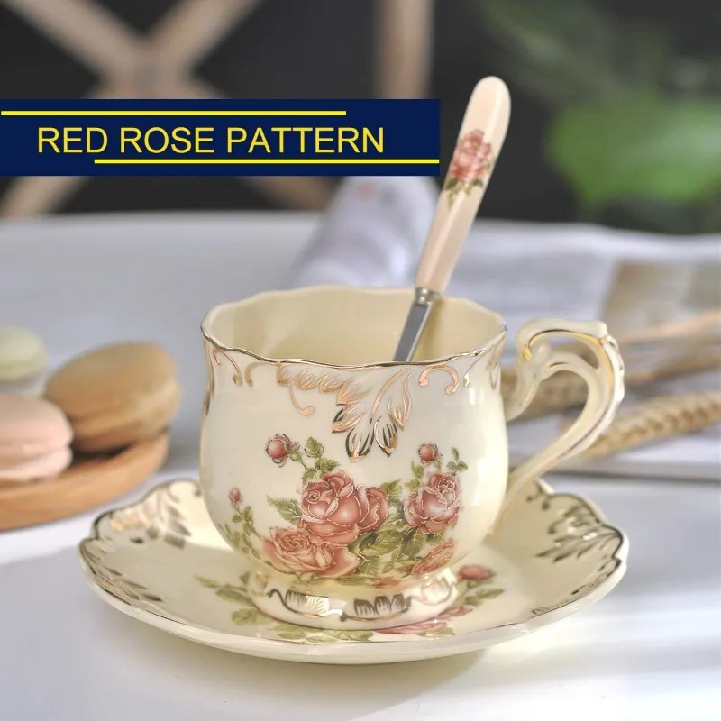 Tea Cups and Saucers Set of 6, 8 Oz Vintage Floral Porcelain Tea Cups Set, Coffee with Golden Rack