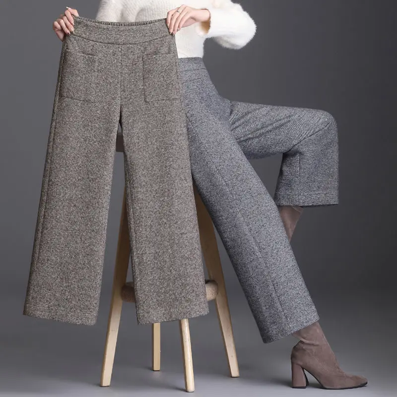 Women Autumn Winter Wool Blend Wide Leg Pant Casual Oversized Baggy Ankle-Length Pants Office Lady Vintage High Waist Pantalones