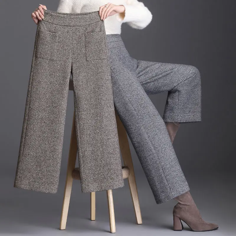 

Women Autumn Winter Wool Blend Wide Leg Pant Casual Oversized Baggy Ankle-Length Pants Office Lady Vintage High Waist Pantalones