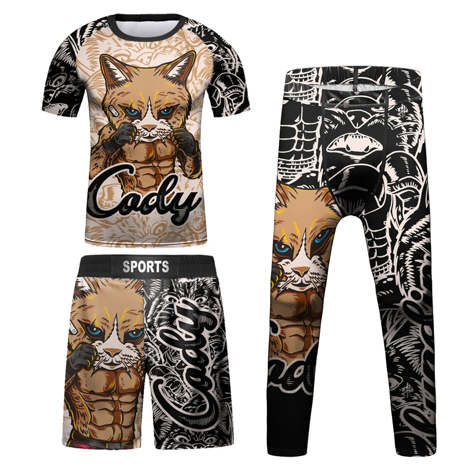 Kids Bjj Rashguard Jiu  T-shirt+Pant KickBoxing Sets Boy Gym Children Muay Thai Shorts MMA Clothing Compression Tights 3