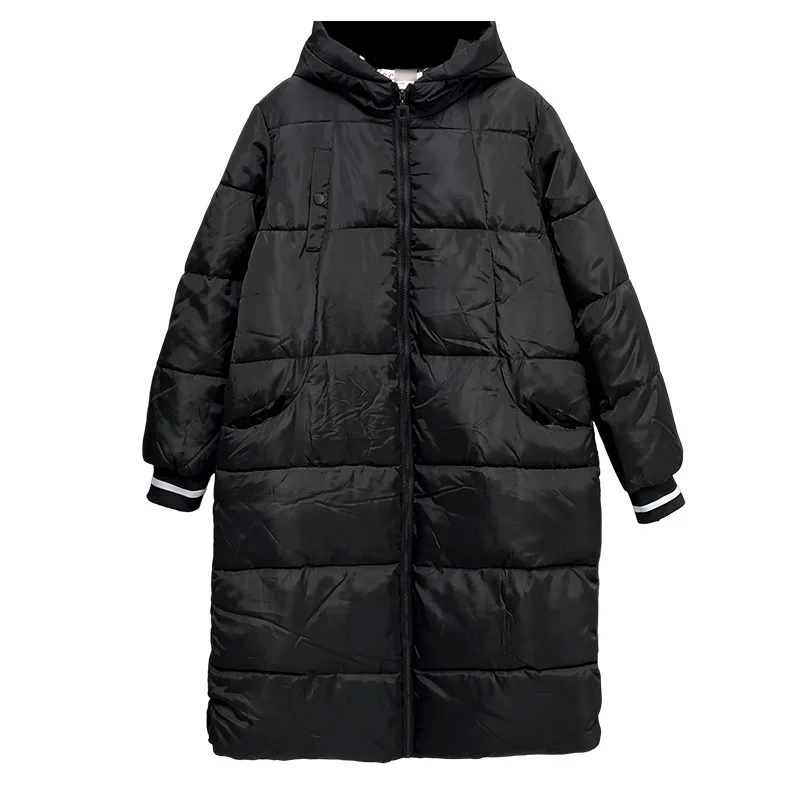 XXXXXL Fashion Plus Size Women's Parkas Winter Loose Black Thick Hooded Stripe Cuffs Warm X-Long Padded Coat 6860